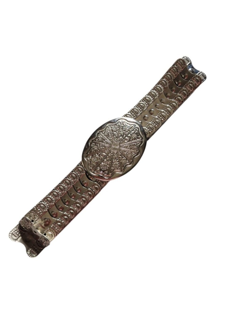 Vintage Silver Toned Metal Stretching Belt Tooled Hammered Serpent Rose Motivs